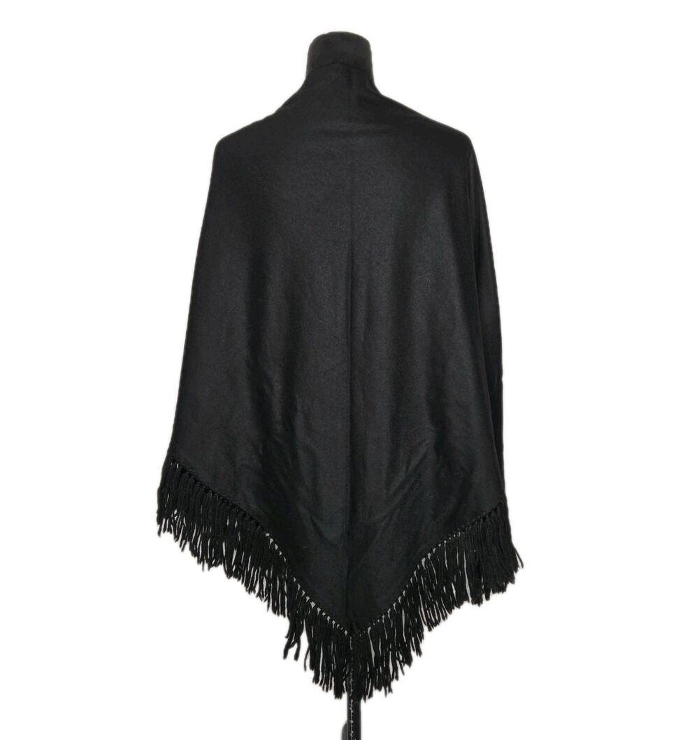 Vintage Black Triangle Wool Fringe Shawl Wrap Ruana Boho Hippie Festival Goth